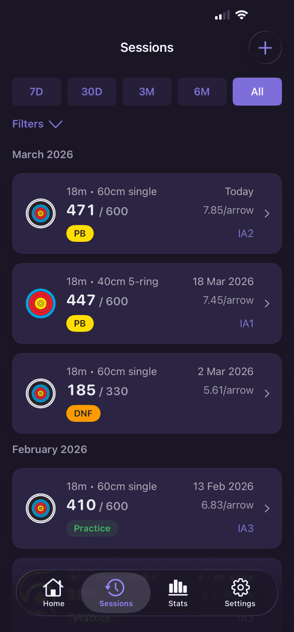 Archery session history screen showing previous training sessions